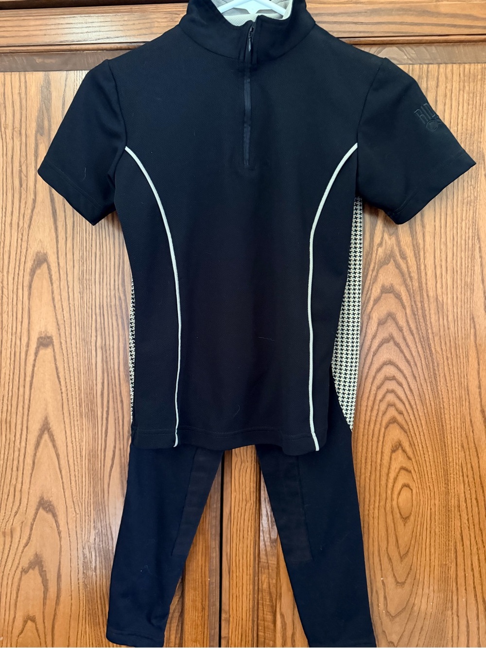Kerrits Black Short-Sleeve Zip Mock Neck Top with White Piping